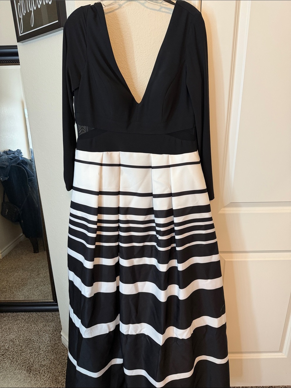 Xscape Black and White Striped Long Sleeve V-Neck Dress